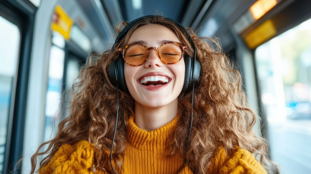 A happy woman listening to music, representing how the right sound creates emotional connections that turn occasional customers into regulars.