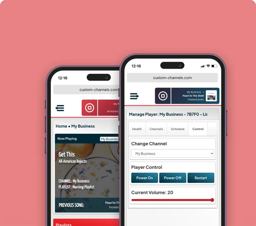 Custom Channels mobile interface showing player management controls, channel selection, and volume adjustment.