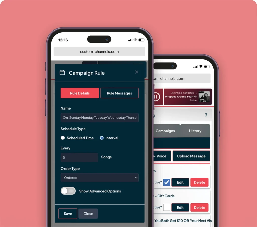 Custom Channels mobile interface showing campaign rule scheduling and ReMix messaging controls for in-store customer engagement.