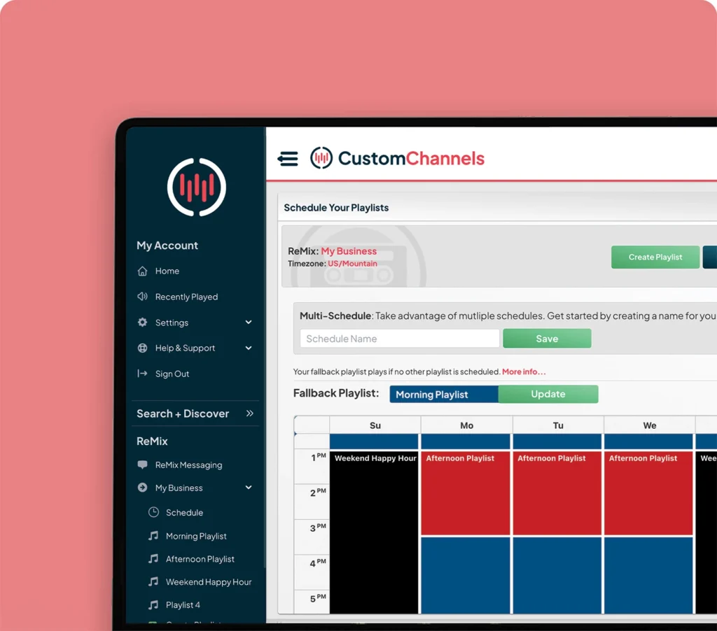 Custom Channels dashboard showing playlist scheduling, multi-schedule setup, and fallback playlist management.