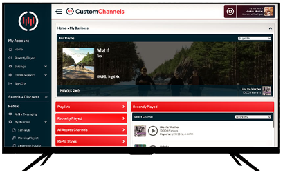 Custom Channels business dashboard showing music playback controls, playlists, and messaging navigation.