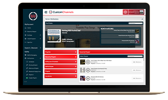 Custom Channels platform dashboard on a laptop showing music playback, playlist controls, and messaging management features.