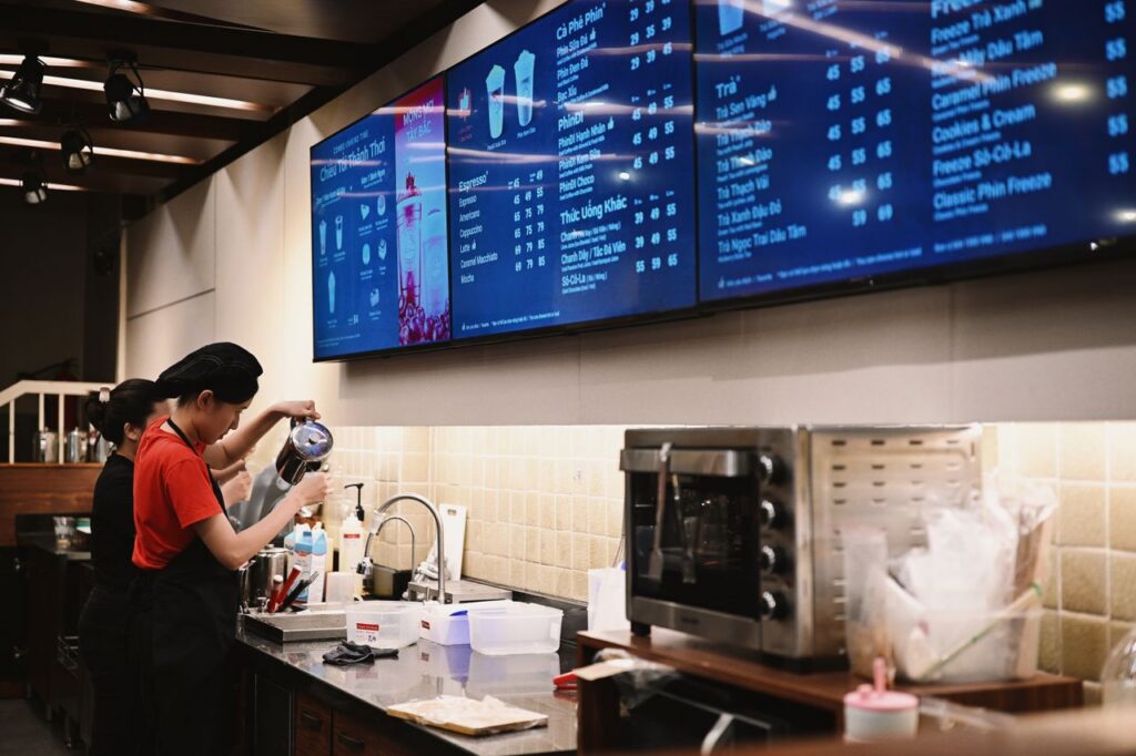 Digital signage displays inside a modern retail environment