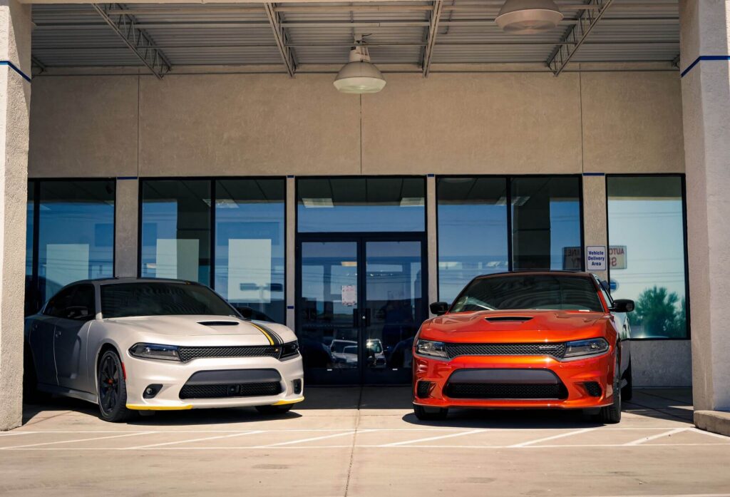 Licensed background music playing in a car dealership showroom
