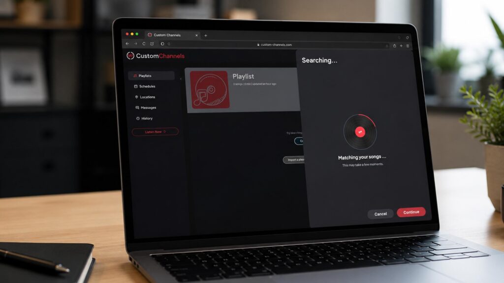 Custom Channels Spotify Import screen showing a Spotify playlist ready to import